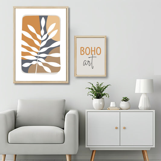 Dette kunstverket er inspirert av moderne minimalistisk design med innslag av naturlige former og fargetoner, perfekt for deg som ønsker å skape en varm og innbydende atmosfære. Illustrasjonsfoto viser motivet som plakat i lys ramme.