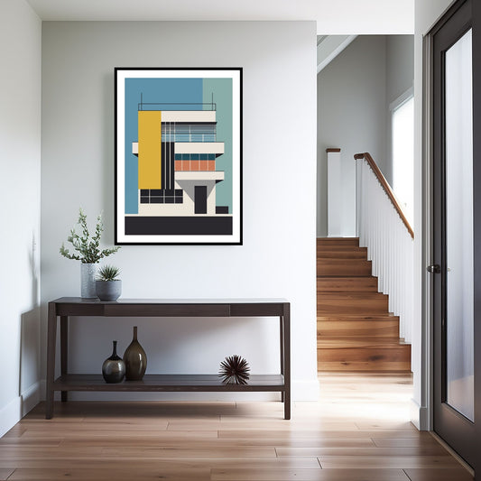 Oppdag den tidløse estetikken med Bauhaus Geometric Art – en moderne tolkning av arkitektoniske former, geometriske mønstre og abstrakte komposisjoner. Illustrasjon viser motivet som plakat med hvit kan i sort ramme.