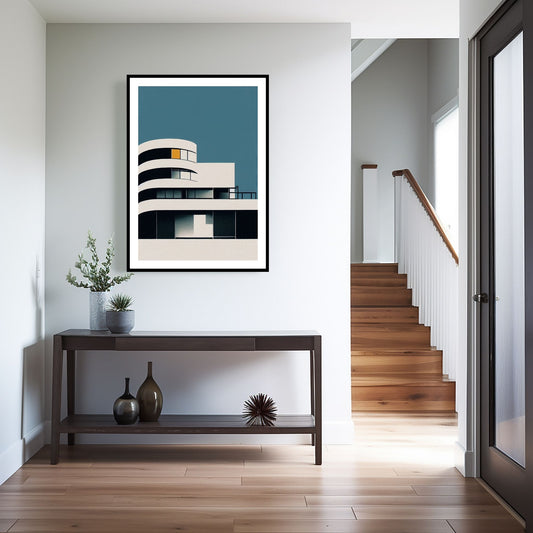 Oppdag den tidløse estetikken med Bauhaus Geometric Art – en moderne tolkning av arkitektoniske former, geometriske mønstre og abstrakte komposisjoner. Illustrasjon viser motivet som plakat med hvit kant i sort ramme.