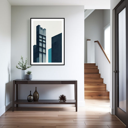 Oppdag den tidløse estetikken med Bauhaus Geometric Art – en moderne tolkning av arkitektoniske former, geometriske mønstre og abstrakte komposisjoner. Illustrasjon viser motivet som plakat med hvit kant i sort ramme.