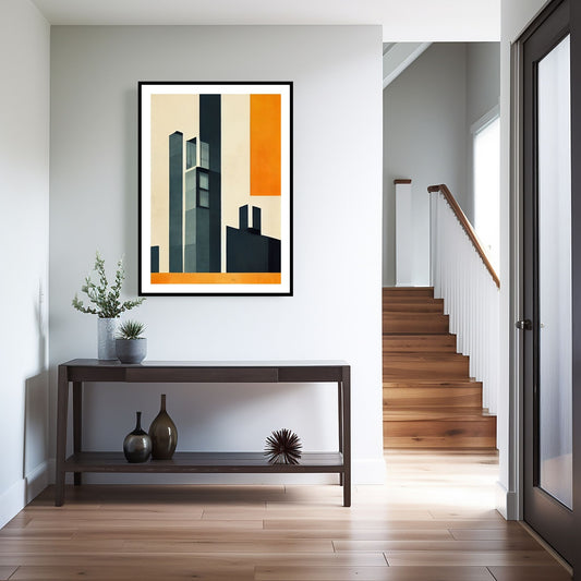 Oppdag den tidløse estetikken med Bauhaus Geometric Art – en moderne tolkning av arkitektoniske former, geometriske mønstre og abstrakte komposisjoner. Illustrasjon viser motivet som plakat med hvit kant i sort ramme.