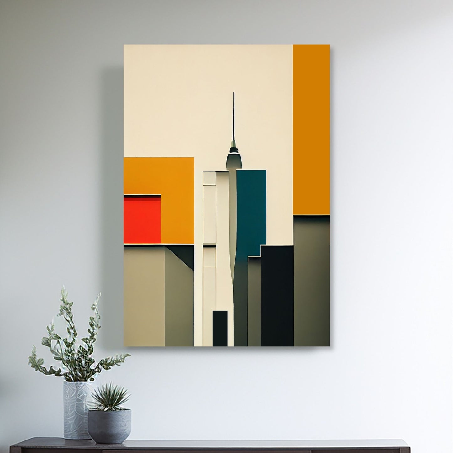 Oppdag den tidløse estetikken med Bauhaus Geometric Art – en moderne tolkning av arkitektoniske former, geometriske mønstre og abstrakte komposisjoner. Illustrasjon viser motivet på lerret.