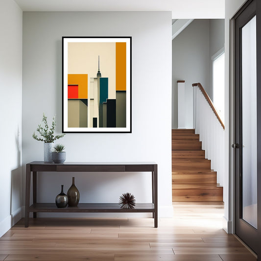 Oppdag den tidløse estetikken med Bauhaus Geometric Art – en moderne tolkning av arkitektoniske former, geometriske mønstre og abstrakte komposisjoner. Illustrasjon viser motivet som plakat med hvit kant i sort ramme.