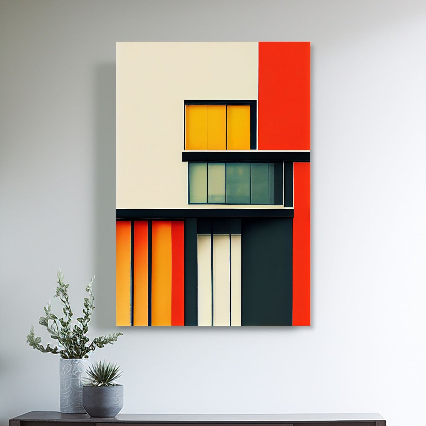 Oppdag den tidløse estetikken med Bauhaus Geometric Art – en moderne tolkning av arkitektoniske former, geometriske mønstre og abstrakte komposisjoner. Illustrasjon viser motivet på lerret.