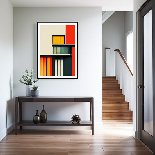 Oppdag den tidløse estetikken med Bauhaus Geometric Art – en moderne tolkning av arkitektoniske former, geometriske mønstre og abstrakte komposisjoner. Illustrasjon viser motivet som plakat med hvit kant i sort ramme.