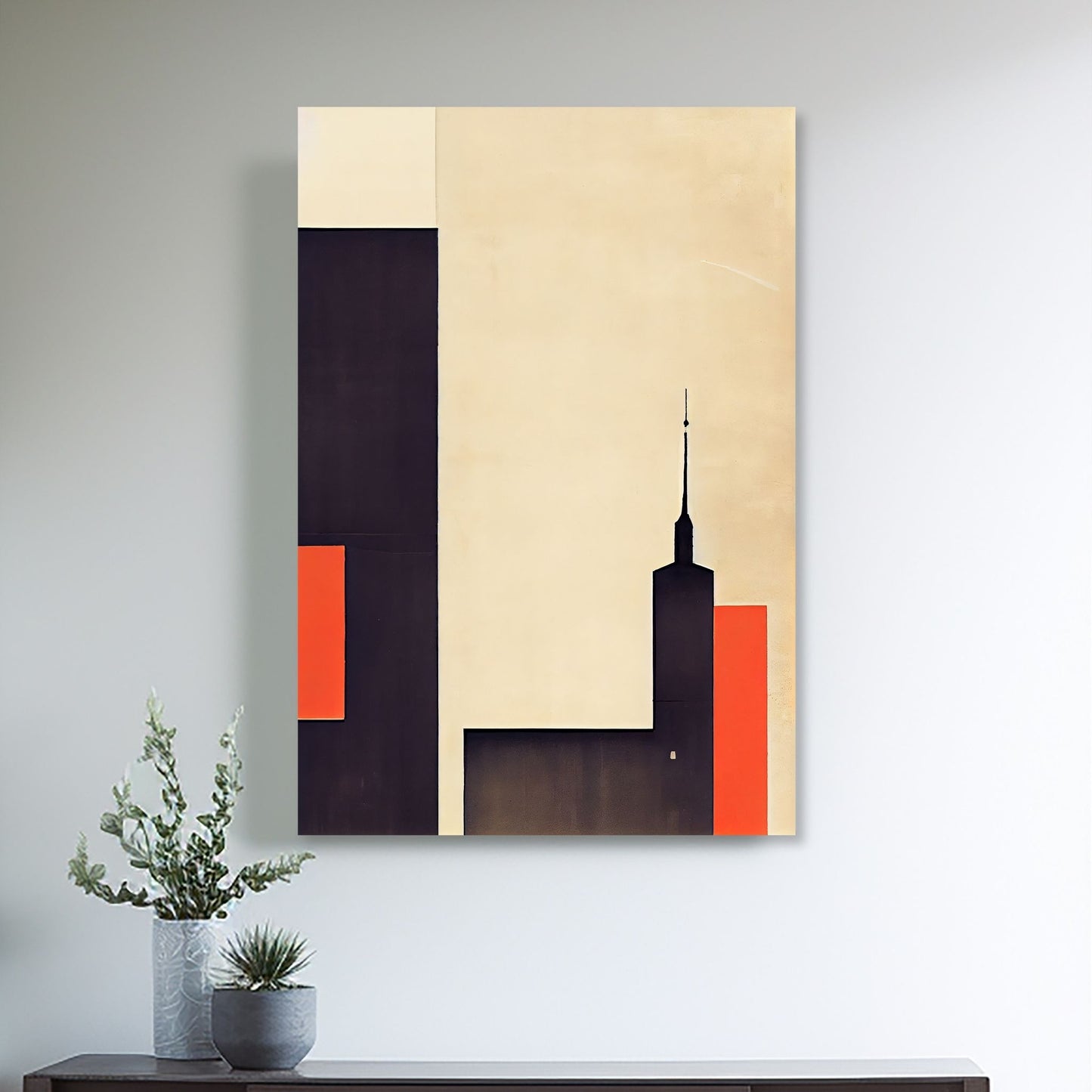 Oppdag den tidløse estetikken med Bauhaus Geometric Art – en moderne tolkning av arkitektoniske former, geometriske mønstre og abstrakte komposisjoner. Illustrasjon viser motivet på lerret.