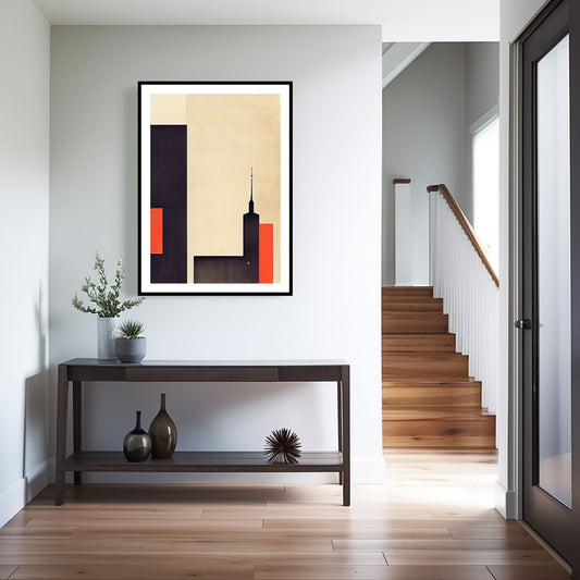 Oppdag den tidløse estetikken med Bauhaus Geometric Art – en moderne tolkning av arkitektoniske former, geometriske mønstre og abstrakte komposisjoner. Illustrasjon viser motivet som plakat med hvit kant i sort ramme.