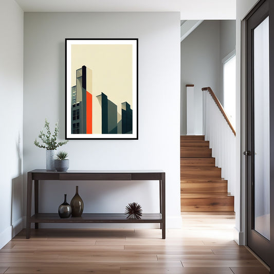 Oppdag den tidløse estetikken med Bauhaus Geometric Art – en moderne tolkning av arkitektoniske former, geometriske mønstre og abstrakte komposisjoner. Illustrasjon viser motivet som plakat med hvit kant i sort ramme.