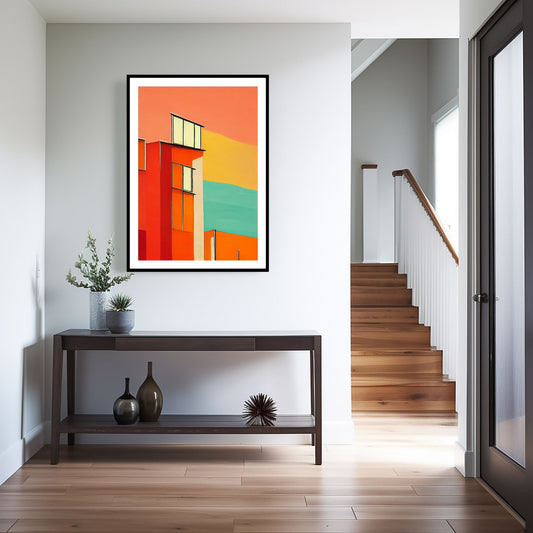 Oppdag den tidløse estetikken med Bauhaus Geometric Art – en moderne tolkning av arkitektoniske former, geometriske mønstre og abstrakte komposisjoner. Illustrasjon viser motivet som plakat med hvit kant i sort ramme.