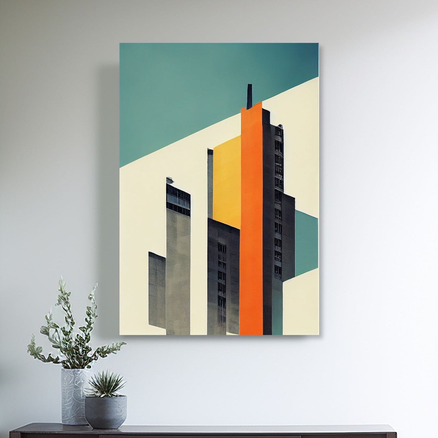 Oppdag den tidløse estetikken med Bauhaus Geometric Art – en moderne tolkning av arkitektoniske former, geometriske mønstre og abstrakte komposisjoner. Illustrasjon viser motivet på lerret.