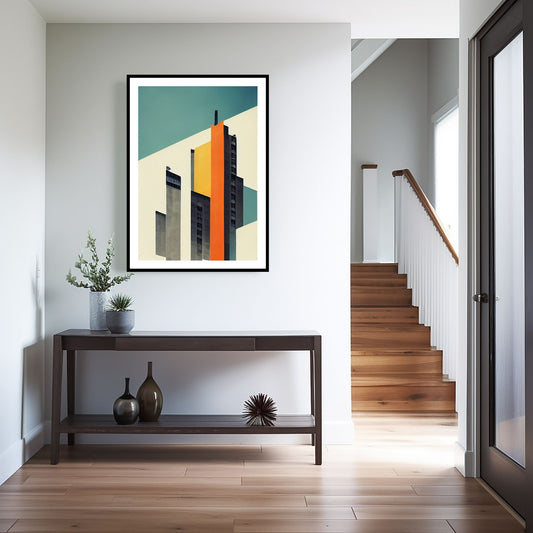 Oppdag den tidløse estetikken med Bauhaus Geometric Art – en moderne tolkning av arkitektoniske former, geometriske mønstre og abstrakte komposisjoner. Illustrasjon viser motivet som plakat med hvit kant i sort ramme.