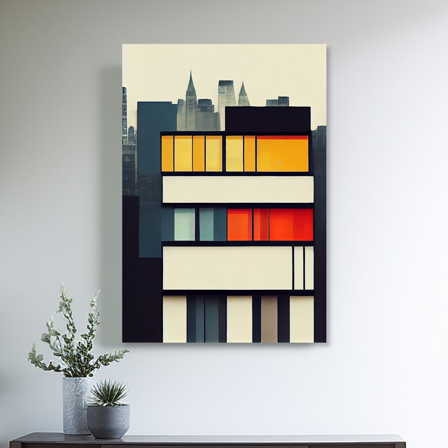 Oppdag den tidløse estetikken med Bauhaus Geometric Art – en moderne tolkning av arkitektoniske former, geometriske mønstre og abstrakte komposisjoner. Illustrasjon viser motivet på lerret.