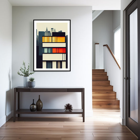 Oppdag den tidløse estetikken med Bauhaus Geometric Art – en moderne tolkning av arkitektoniske former, geometriske mønstre og abstrakte komposisjoner. Illustrasjon viser motivet som plakat med hvit kant i sort ramme.