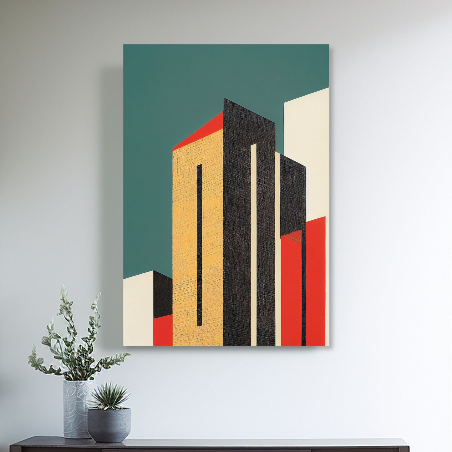 Oppdag den tidløse estetikken med Bauhaus Geometric Art – en moderne tolkning av arkitektoniske former, geometriske mønstre og abstrakte komposisjoner. Illustrasjon viser motivet på lerret.