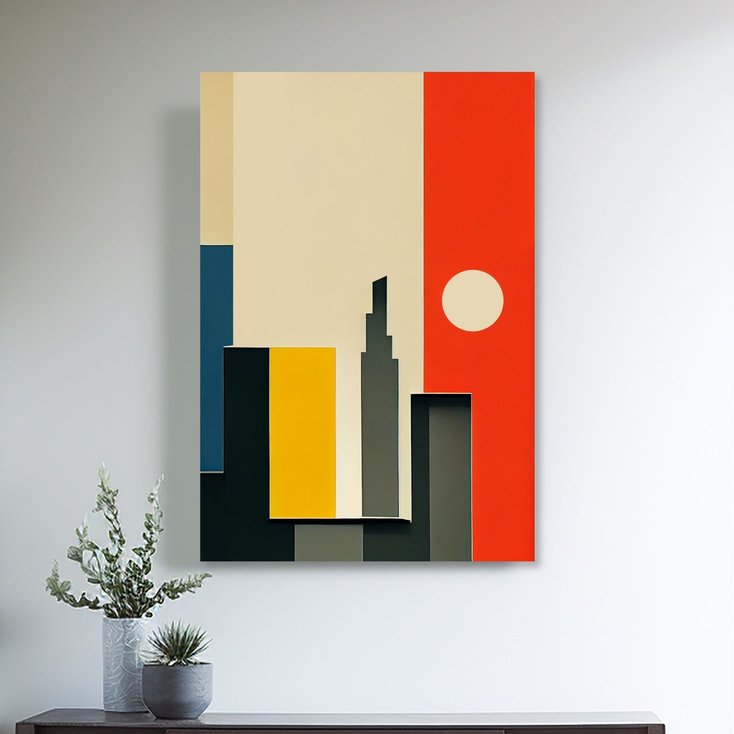 Oppdag den tidløse estetikken med Bauhaus Geometric Art – en moderne tolkning av arkitektoniske former, geometriske mønstre og abstrakte komposisjoner. Illustrasjon viser motivet på lerret.