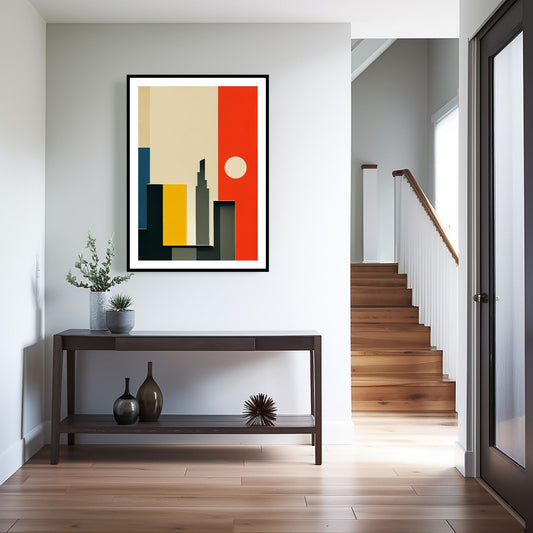 Oppdag den tidløse estetikken med Bauhaus Geometric Art – en moderne tolkning av arkitektoniske former, geometriske mønstre og abstrakte komposisjoner. Illustrasjon viser motivet som plakat med hvit kant i sort ramme.