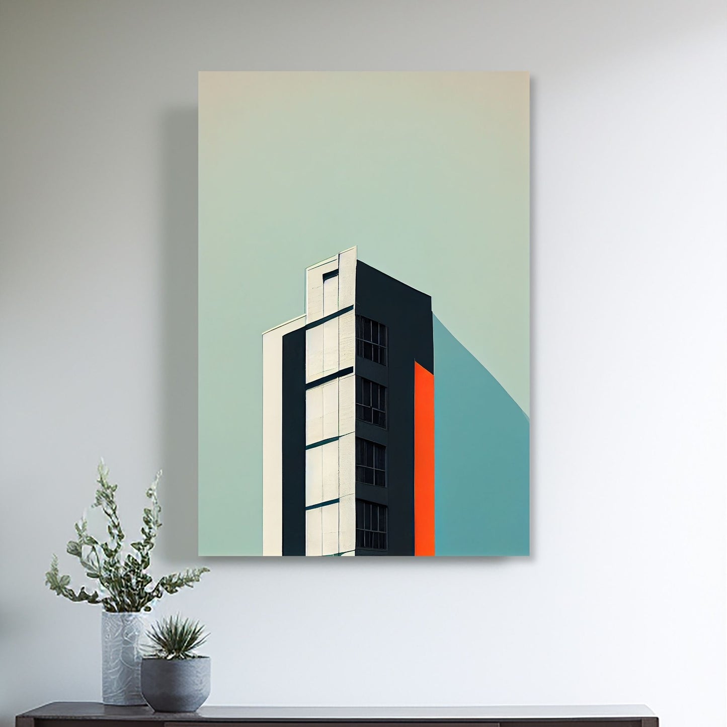 Oppdag den tidløse estetikken med Bauhaus Geometric Art – en moderne tolkning av arkitektoniske former, geometriske mønstre og abstrakte komposisjoner. Illustrasjon viser motivet på lerret.