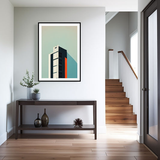 Oppdag den tidløse estetikken med Bauhaus Geometric Art – en moderne tolkning av arkitektoniske former, geometriske mønstre og abstrakte komposisjoner. Illustrasjon viser motivet som plakat med hvit kant i sort ramme.