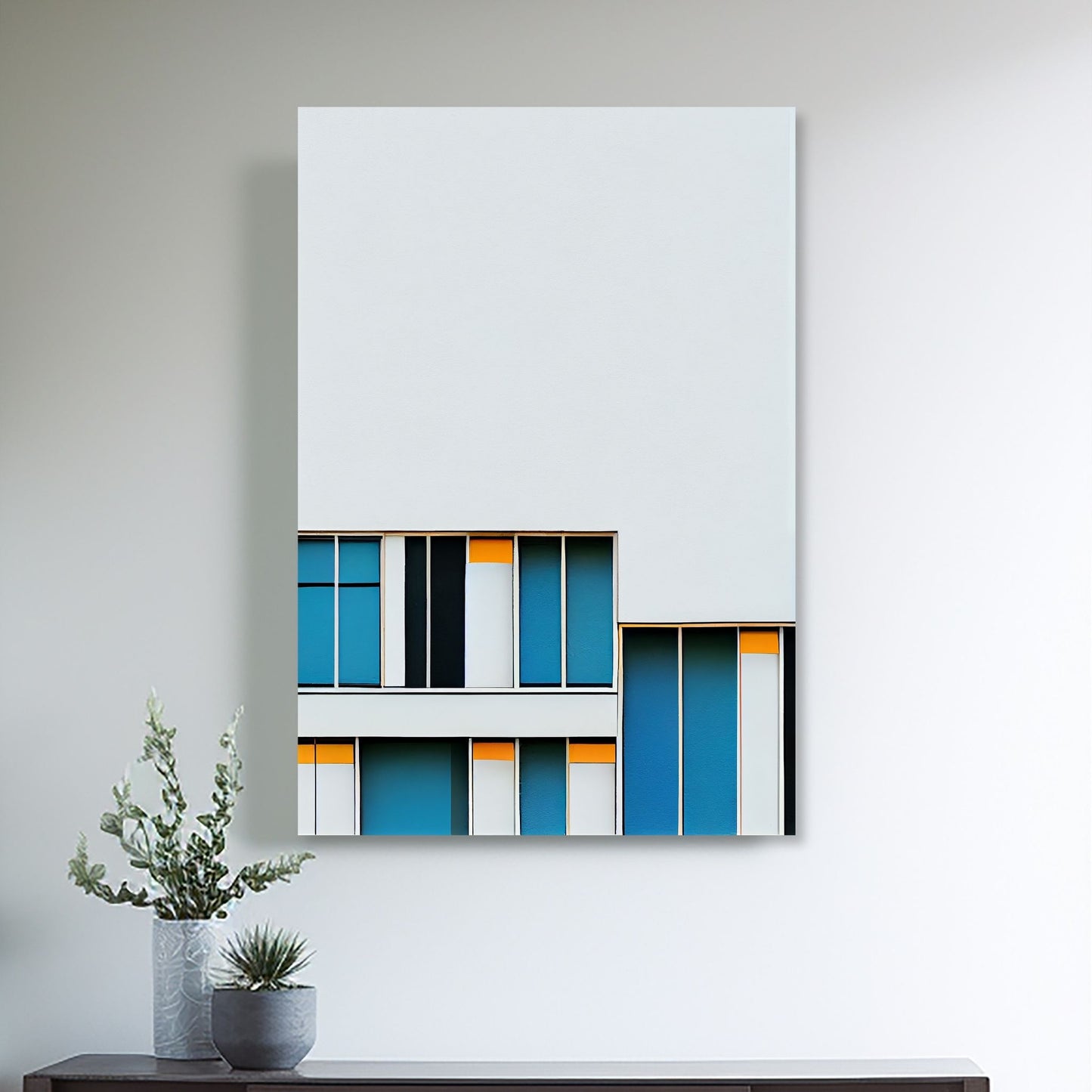 Oppdag den tidløse estetikken med Bauhaus Geometric Art – en moderne tolkning av arkitektoniske former, geometriske mønstre og abstrakte komposisjoner. Illustrasjon viser motivet på lerret.