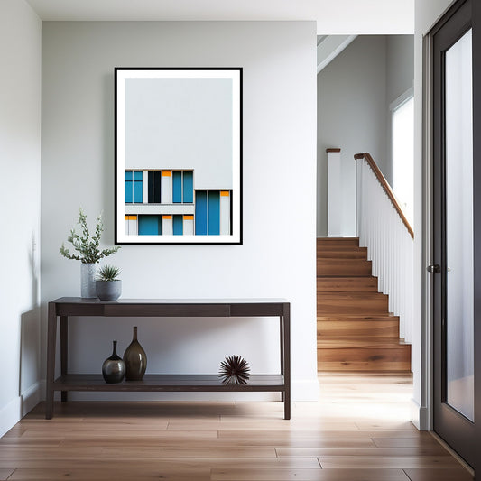 Oppdag den tidløse estetikken med Bauhaus Geometric Art – en moderne tolkning av arkitektoniske former, geometriske mønstre og abstrakte komposisjoner. Illustrasjon viser motivet som plakat med hvit kant i sort ramme.