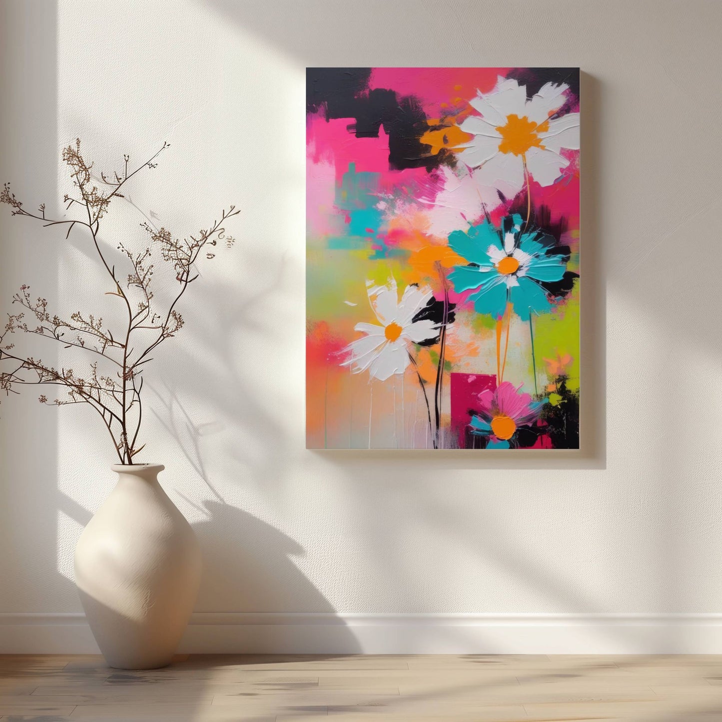 La hjemmet ditt blomstre med "Blomsterfest i Farger No1", ett av fem kunstneriske motiver som kombinerer livlige farger og abstrakte blomsterdesign. Illustrasjon viser motivet på lerret.