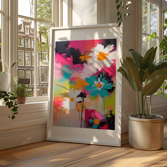 La hjemmet ditt blomstre med "Blomsterfest i Farger No1", ett av fem kunstneriske motiver som kombinerer livlige farger og abstrakte blomsterdesign. Illustrasjon viser motivet som plakat i hvit ramme.