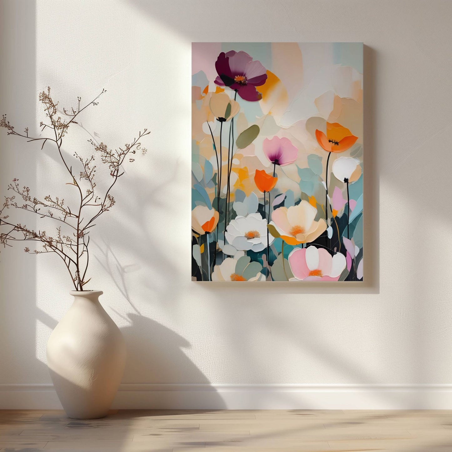 La hjemmet ditt blomstre med "Blomsterfest i Farger No5", ett av fem kunstneriske motiver som kombinerer livlige farger og abstrakte blomsterdesign. Illustrasjon viser motivet på lerret.