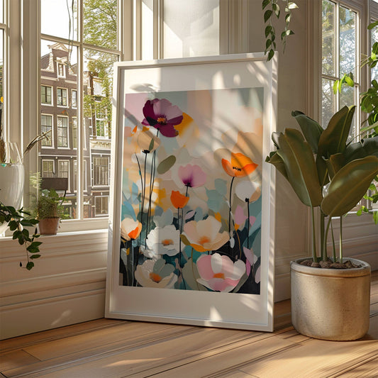 La hjemmet ditt blomstre med "Blomsterfest i Farger No5", ett av fem kunstneriske motiver som kombinerer livlige farger og abstrakte blomsterdesign. Illustrasjon viser motivet som plakat i hvit ramme.