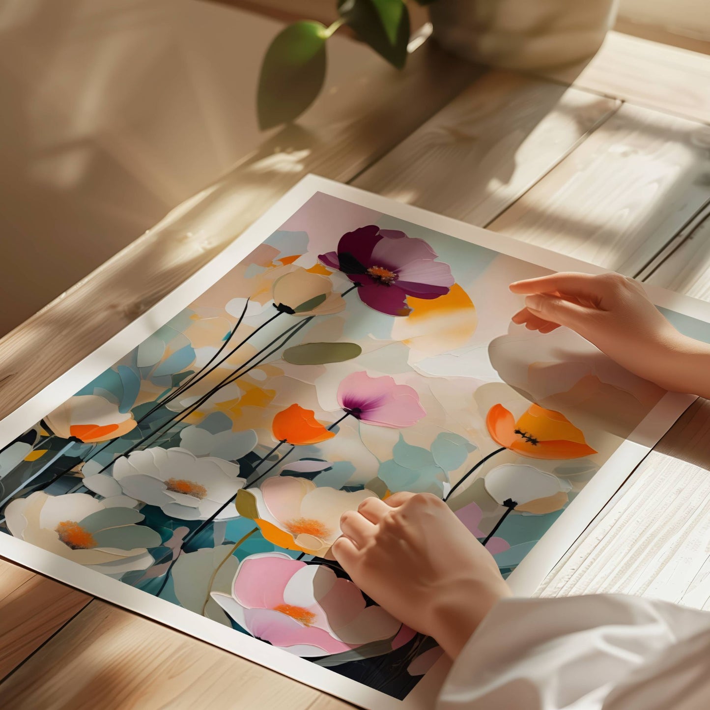 La hjemmet ditt blomstre med "Blomsterfest i Farger No5", ett av fem kunstneriske motiver som kombinerer livlige farger og abstrakte blomsterdesign. Illustrasjon viser motivet på print.