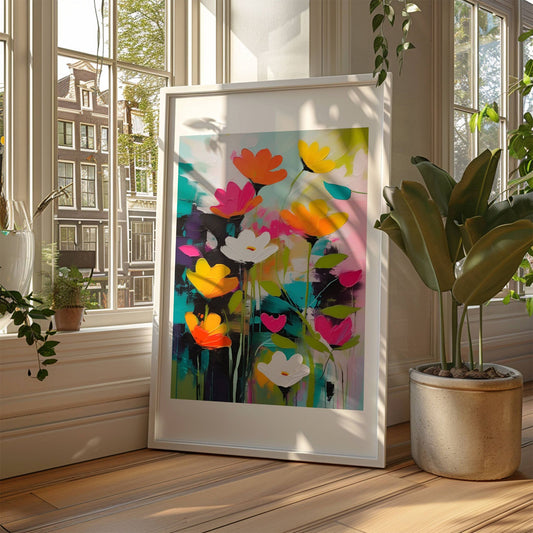 La hjemmet ditt blomstre med "Blomsterfest i Farger No2", ett av fem kunstneriske motiver som kombinerer livlige farger og abstrakte blomsterdesign. Illustrasjon viser motivet som plakat i hvit ramme.