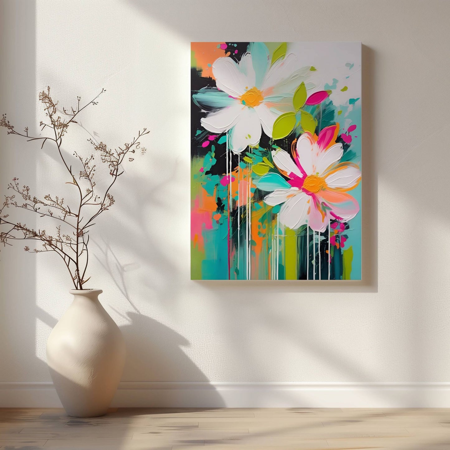 La hjemmet ditt blomstre med "Blomsterfest i Farger No3", ett av fem kunstneriske motiver som kombinerer livlige farger og abstrakte blomsterdesign. Illustrasjon viser motivet på lerret.