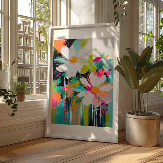 La hjemmet ditt blomstre med "Blomsterfest i Farger No3", ett av fem kunstneriske motiver som kombinerer livlige farger og abstrakte blomsterdesign. Illustrasjon viser motivet som plakat i hvit ramme.