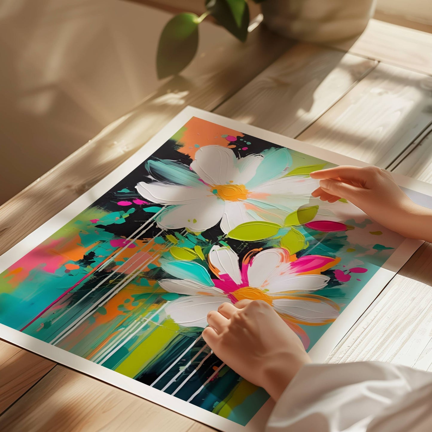 La hjemmet ditt blomstre med "Blomsterfest i Farger No3", ett av fem kunstneriske motiver som kombinerer livlige farger og abstrakte blomsterdesign. Illustrasjon viser motivet på print.