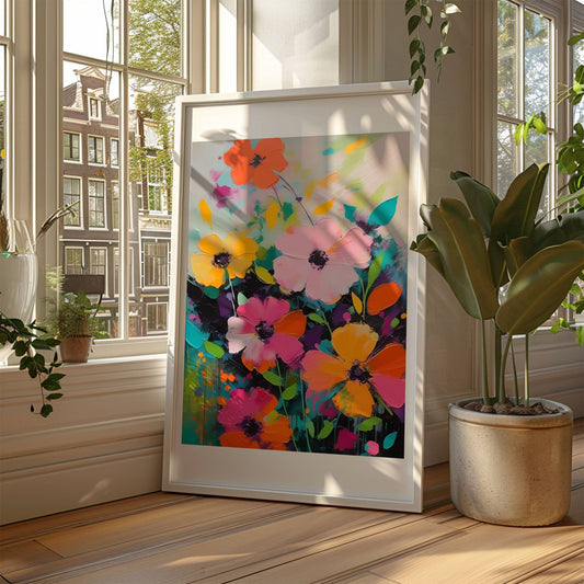 La hjemmet ditt blomstre med "Blomsterfest i Farger No4", ett av fem kunstneriske motiver som kombinerer livlige farger og abstrakte blomsterdesign. Illustrasjon viser motivet som plakat i hvit ramme.