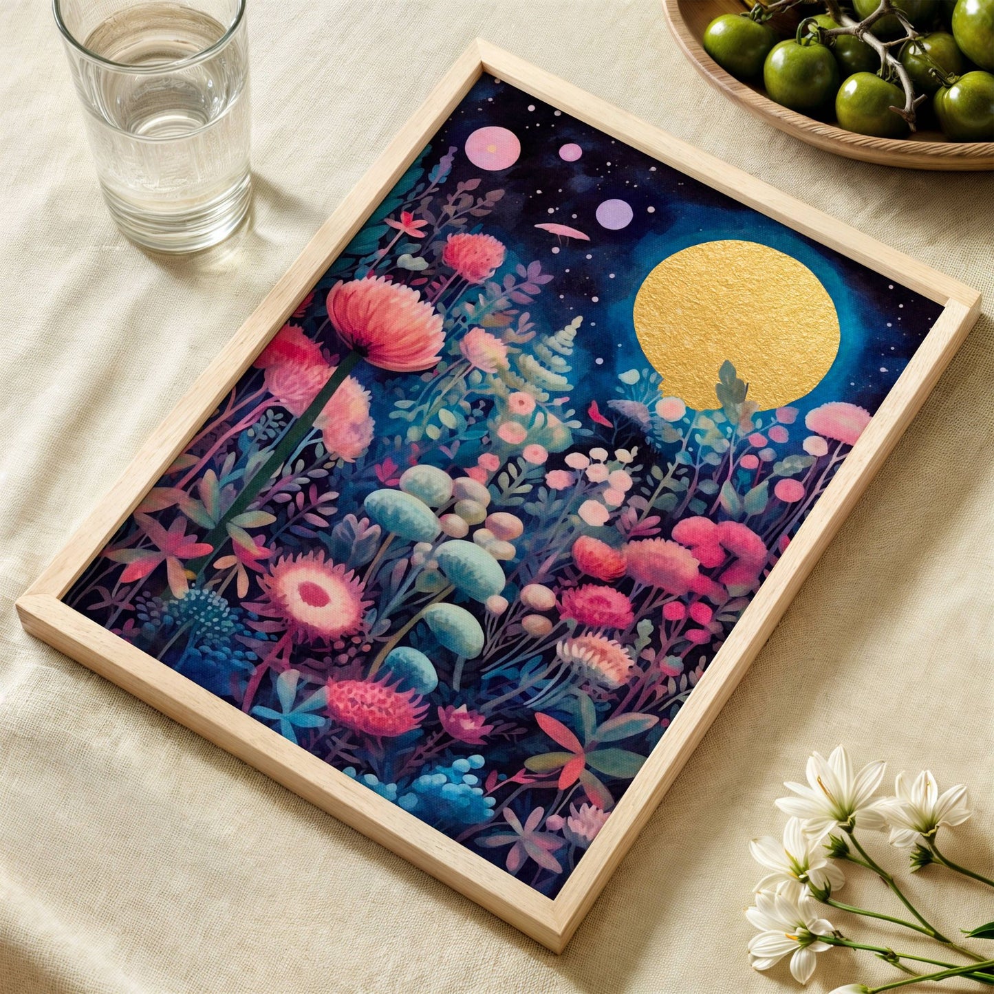 Et poetisk og fredelig motiv med florlette blomster i måneskinn. Illustrasjon viser plakat uten hvit kant i eik ramme.
