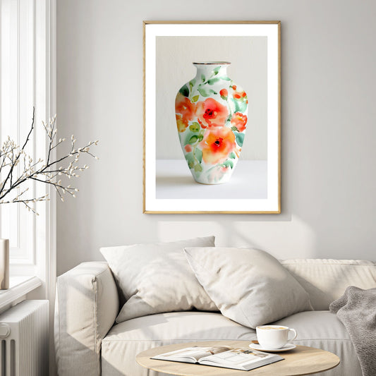 Fyll hjemmet ditt med skjønnhet og eleganse med vår "Blomstervase Akvarell". Dette unike kunstverket er inspirert av naturens levende farger og delikate blomsterdetaljer. Illustrasjon viser motivet som plakat med hvit kant i eik ramme.