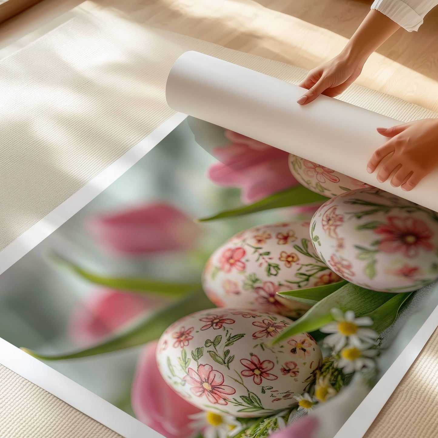 Dette nydelige motivet viser hånddekorerte påskeegg med vakre blomsterdetaljer, omgitt av delikate rosa tulipaner og markblomster. Illustrasjon viser plakat på print.