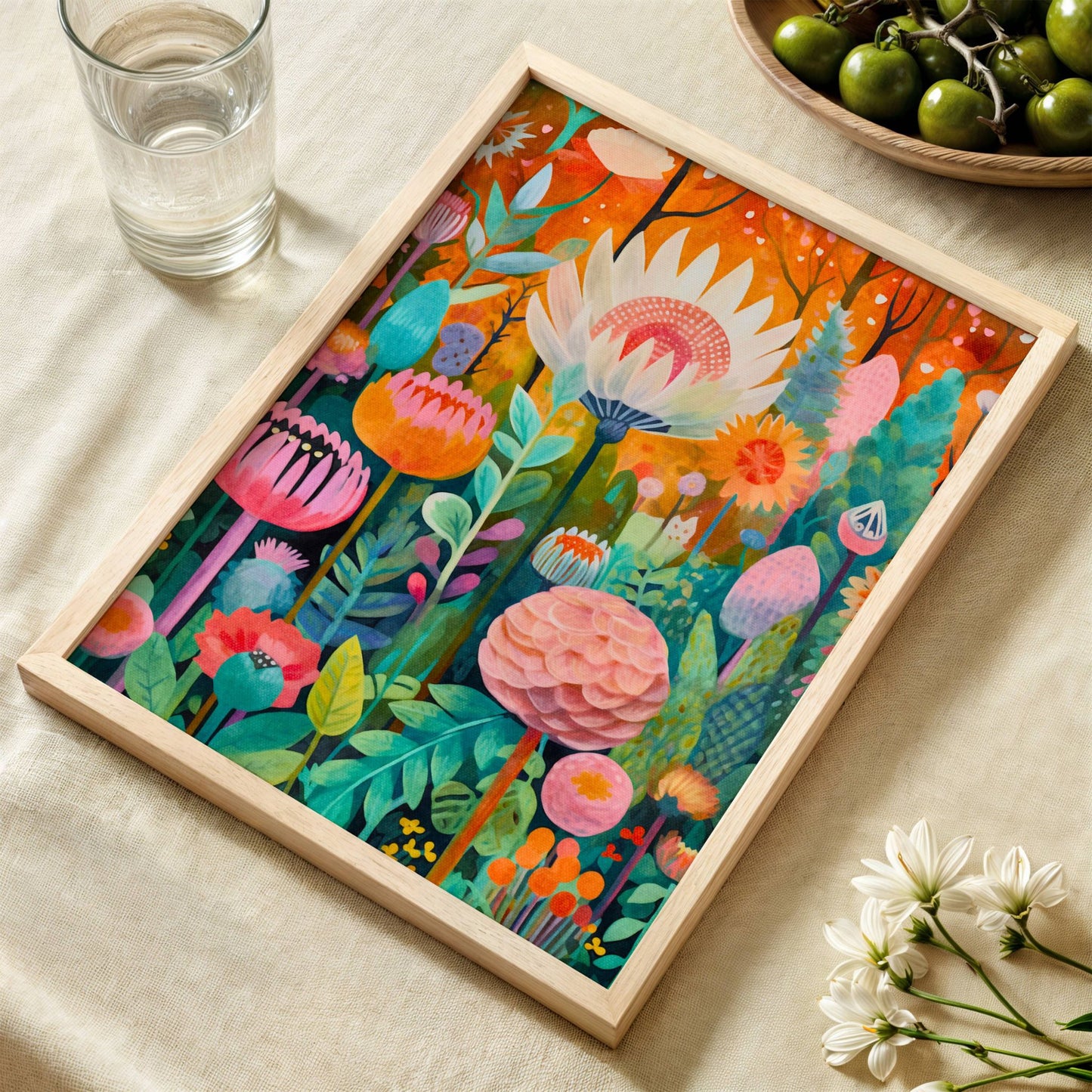 Varme høsttoner møter friske blomster i denne plakaten som balanserer mellom sommer og høst. Illustrasjon viser plakat uten hvit kant i eik ramme.