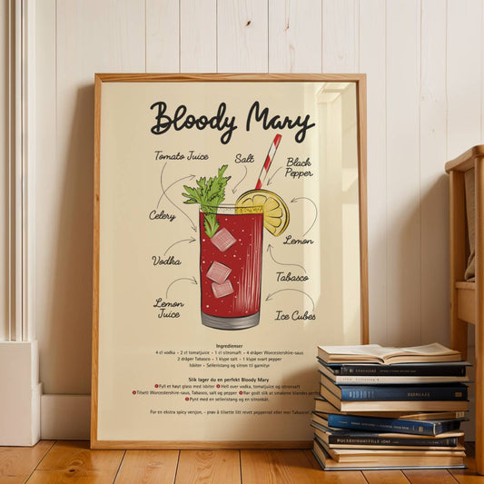 Gi hjemmet ditt en smakfull dose kunst med Bloody Mary Oppskrift – Plakat! Denne stilfulle illustrasjonen av den ikoniske cocktailen kombinerer retro-inspirert design med en detaljert oppskrift. Illustrasjon viser plakat i eik ramme.