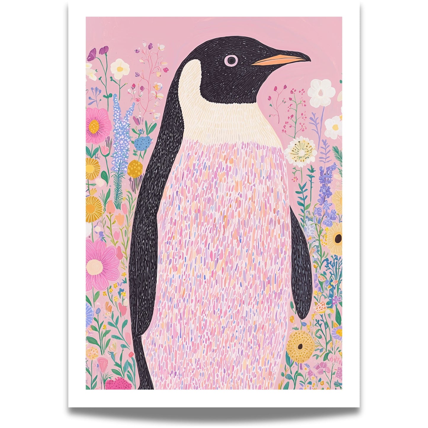 Blooming Penguin, en unik kunstplakat og lerretstrykk som kombinerer den majestetiske keiserpingvinen med et mykt og drømmende blomsterunivers