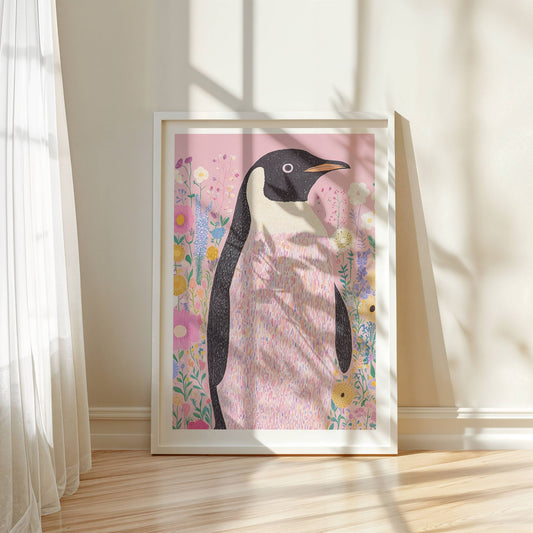 Blooming Penguin, en unik kunstplakat og lerretstrykk som kombinerer den majestetiske keiserpingvinen med et mykt og drømmende blomsterunivers. Illustrasjon viser motiver som plakat i hvit ramme.