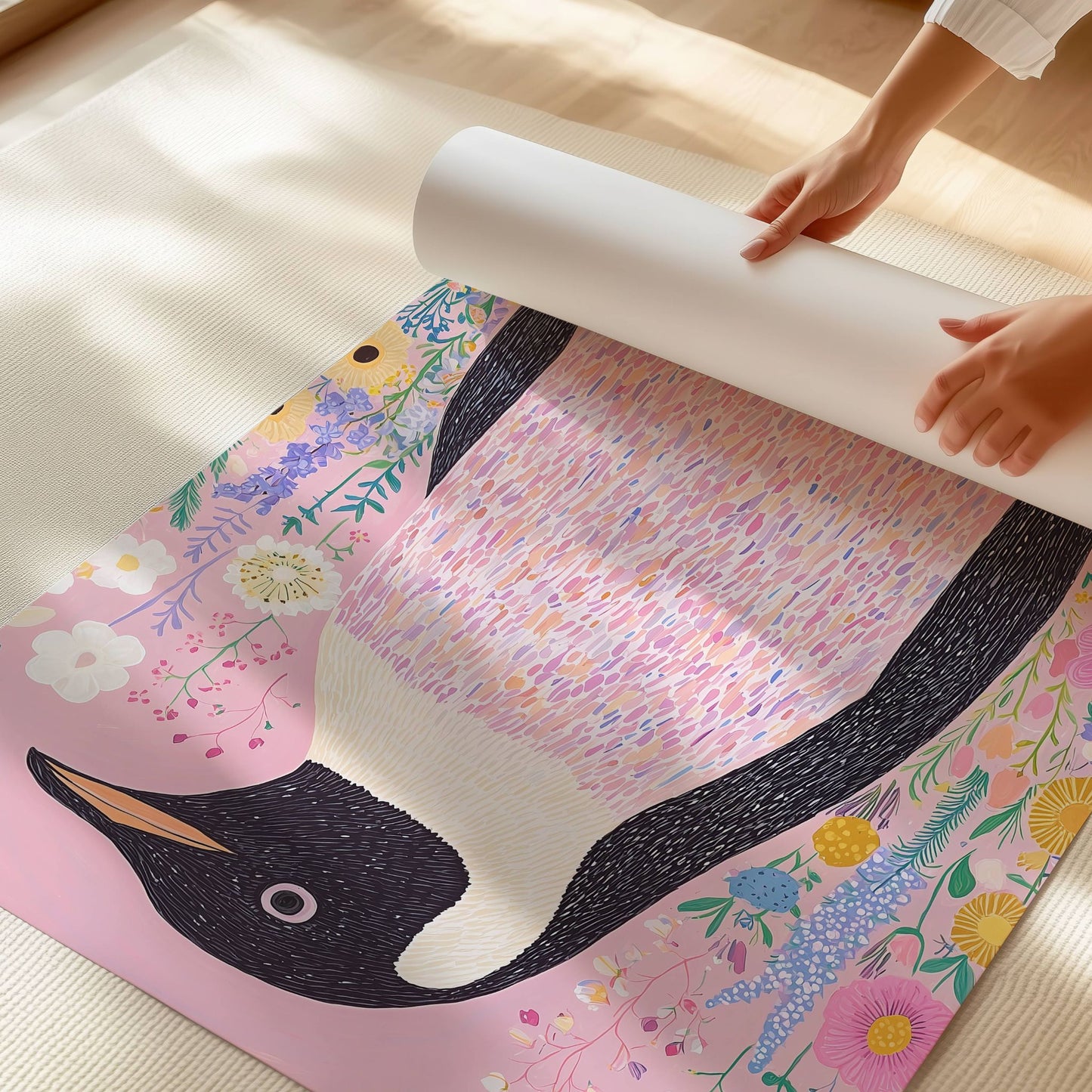 Blooming Penguin, en unik kunstplakat og lerretstrykk som kombinerer den majestetiske keiserpingvinen med et mykt og drømmende blomsterunivers. Illustrasjon viser motiver som plakat på print.