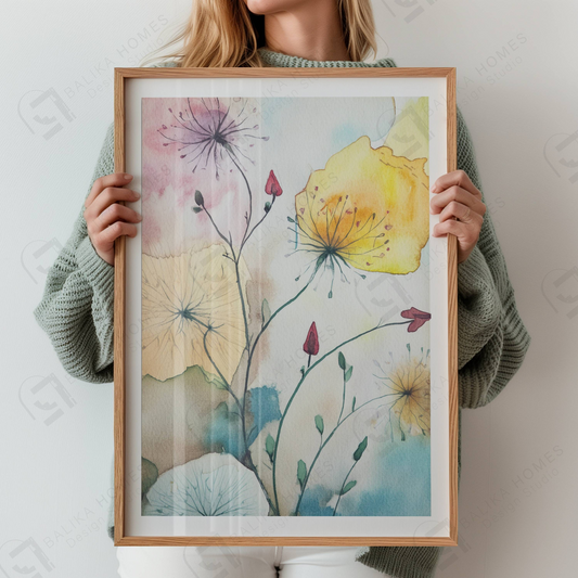 Blooming Serenity – en delikat akvarellplakat inspirert av ville blomster i en drømmende fargepalett. Illustrasjon viser plakat med hvit kantlinje i eik ramme.