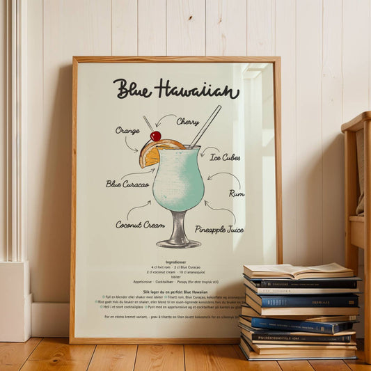 Drøm deg bort til tropiske strender med Blue Hawaiian Oppskrift – Plakat! Denne stilige og kunstneriske plakaten viser den ikoniske cocktailoppskriften på en dekorativ og funksjonell måte. Illustrasjon viser plakat i eik ramme.