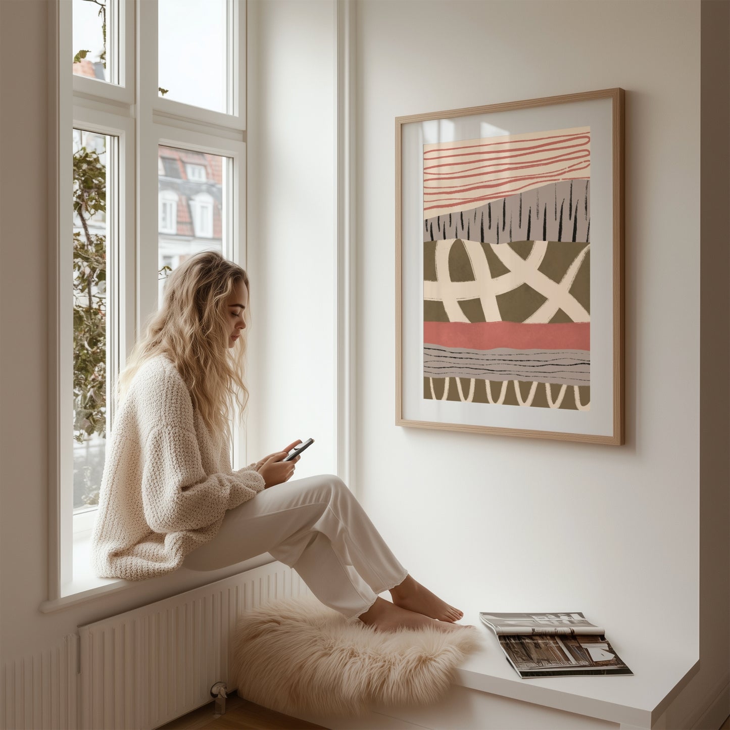 Plakat inspirert av mid-century moderne estetikk, med håndmalte akrylformer og abstrakte mønstre som skaper et dynamisk og stilig uttrykk. Illustrasjon viser plakat med passepartout i eik ramme.