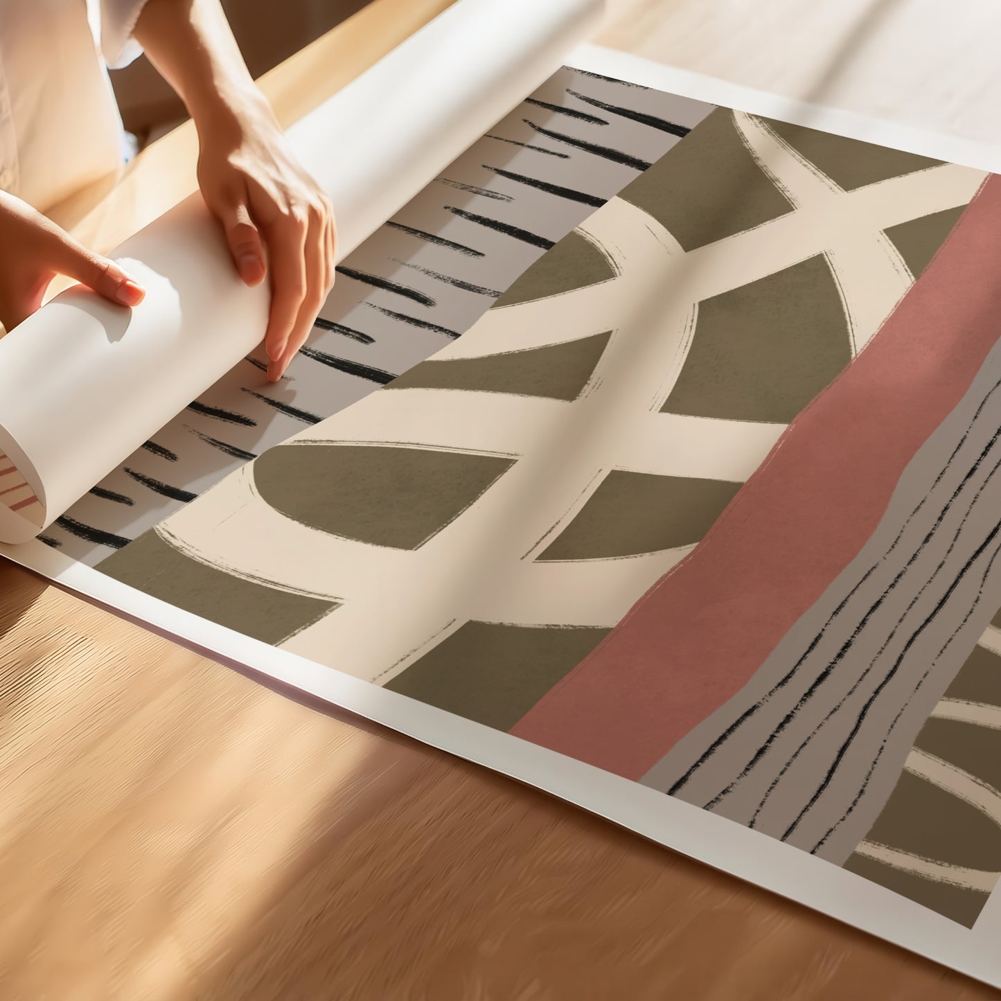 Plakat inspirert av mid-century moderne estetikk, med håndmalte akrylformer og abstrakte mønstre som skaper et dynamisk og stilig uttrykk. Illustrasjon viser plakat med hvit kant.