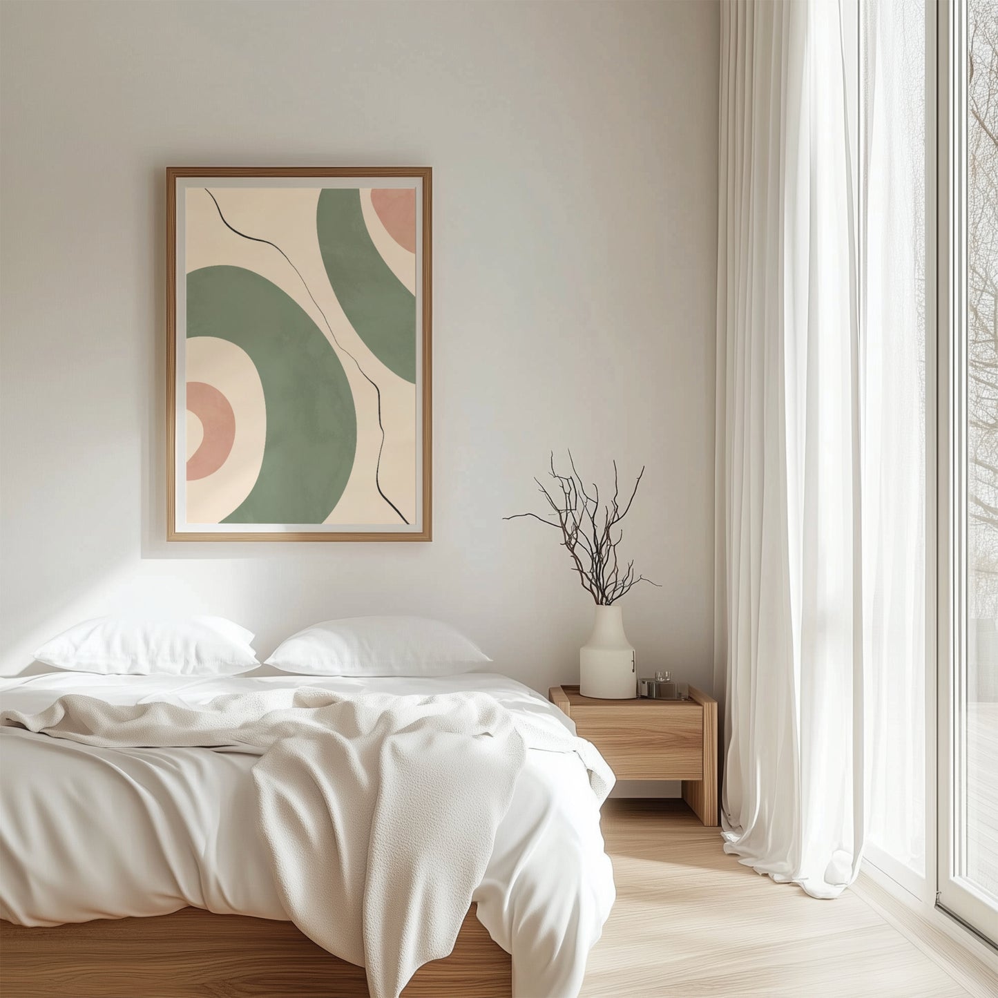 Plakat med et moderne og minimalistisk uttrykk, med en myk palett og subtile linjer som reflekterer bohemsk og mid-century designestetikk. Illustrasjon viser plakat med passepartout i eik ramme.
