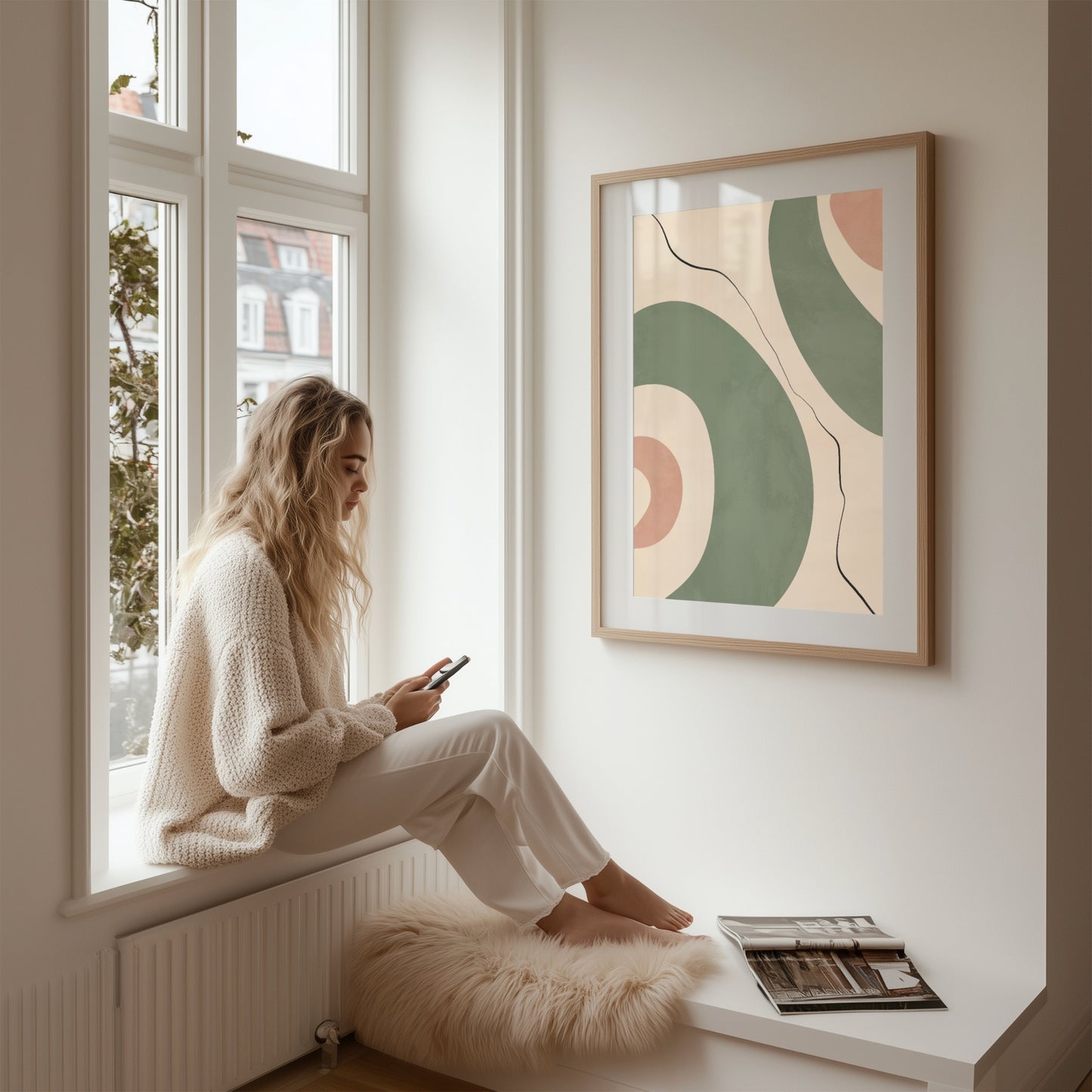 Plakat med et moderne og minimalistisk uttrykk, med en myk palett og subtile linjer som reflekterer bohemsk og mid-century designestetikk. Illustrasjon viser plakat med passepartout i eik ramme.