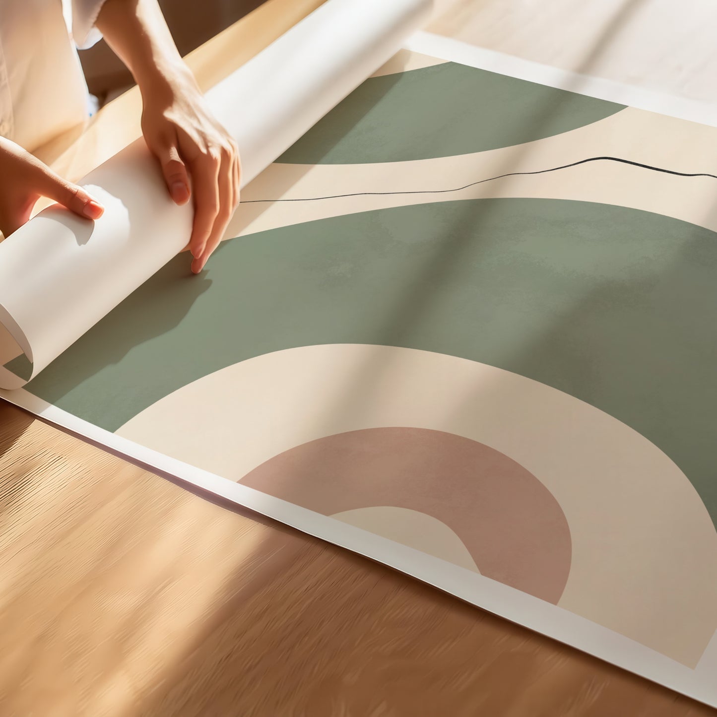 Plakat med et moderne og minimalistisk uttrykk, med en myk palett og subtile linjer som reflekterer bohemsk og mid-century designestetikk. Illustrasjon viser plakat uten hvit kant.