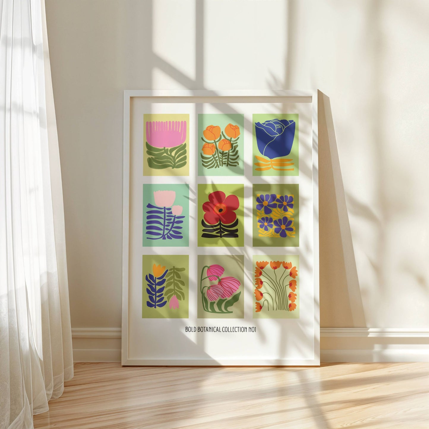 Bold Botanic-plakatene kombinerer stiliserte blomster med grafisk lekenhet, inspirert av retro paletter og moderne flat design. Illustrasjon viser Bold Botanic No1 i hvit ramme.